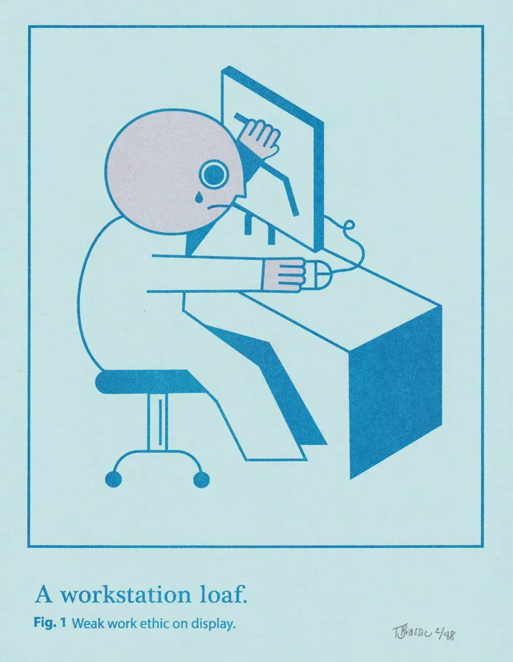 A sad man sits at a computer